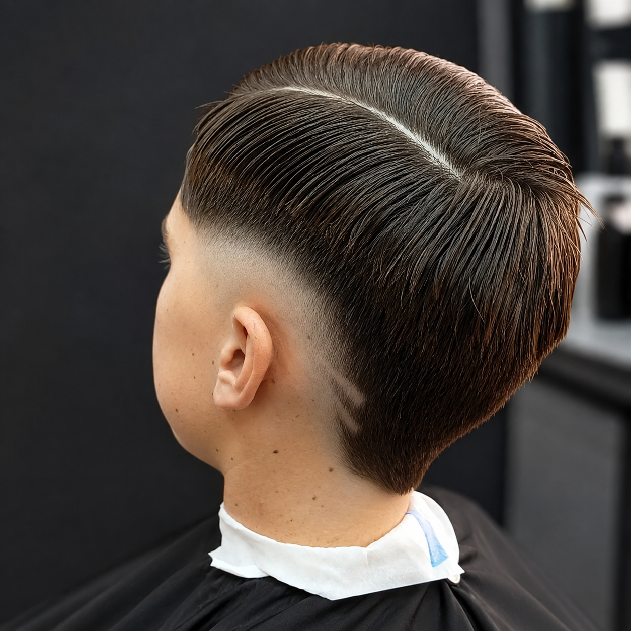 Peinado con raya marcada y degradado lateral en Barbería Morchi