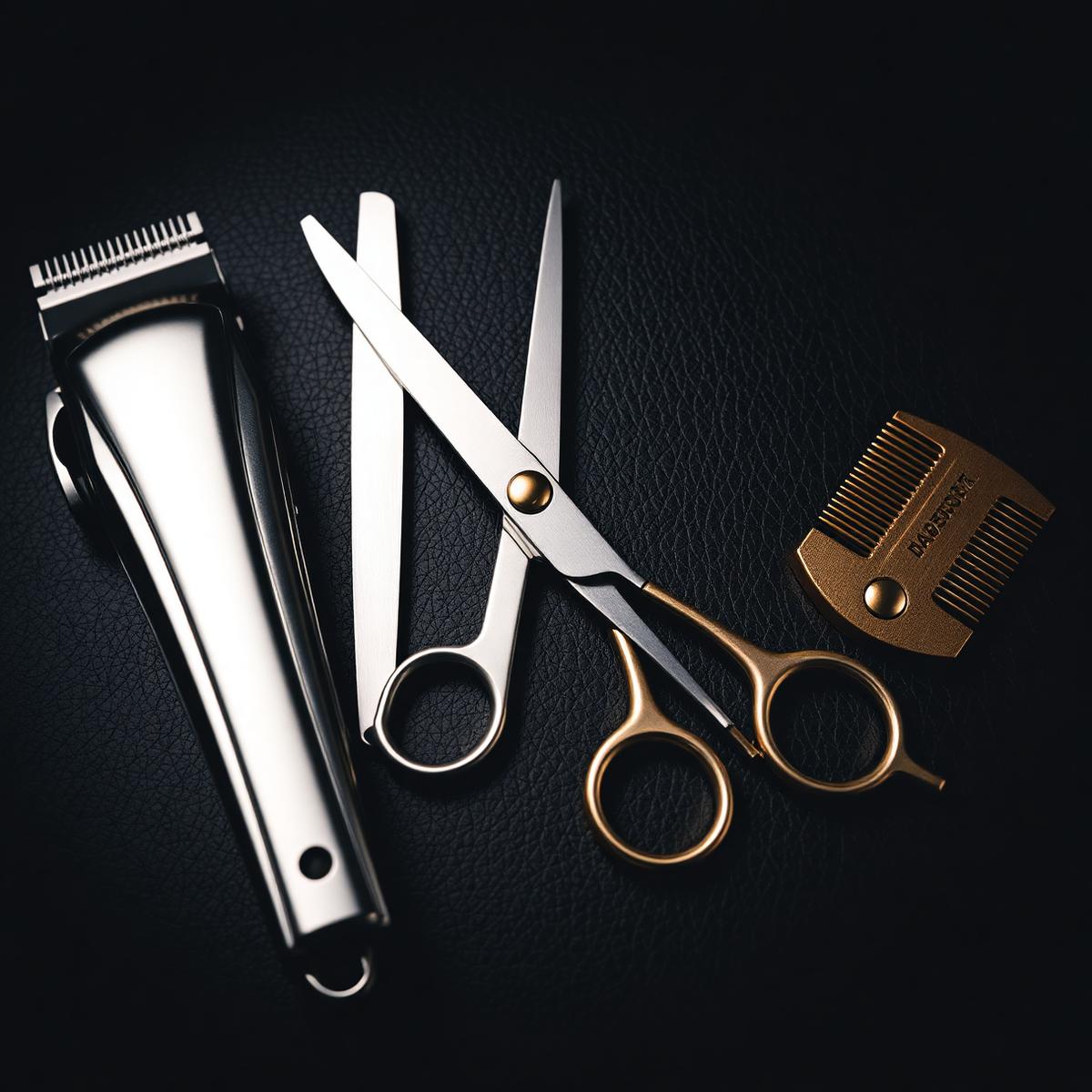 Herramientas profesionales de barbería sobre cuero negro